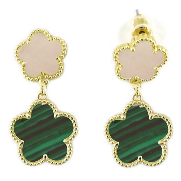 2 Sided Double Flower Clover Drop Dangle Earrings, Pave/Malachite - Picture 5 of 5